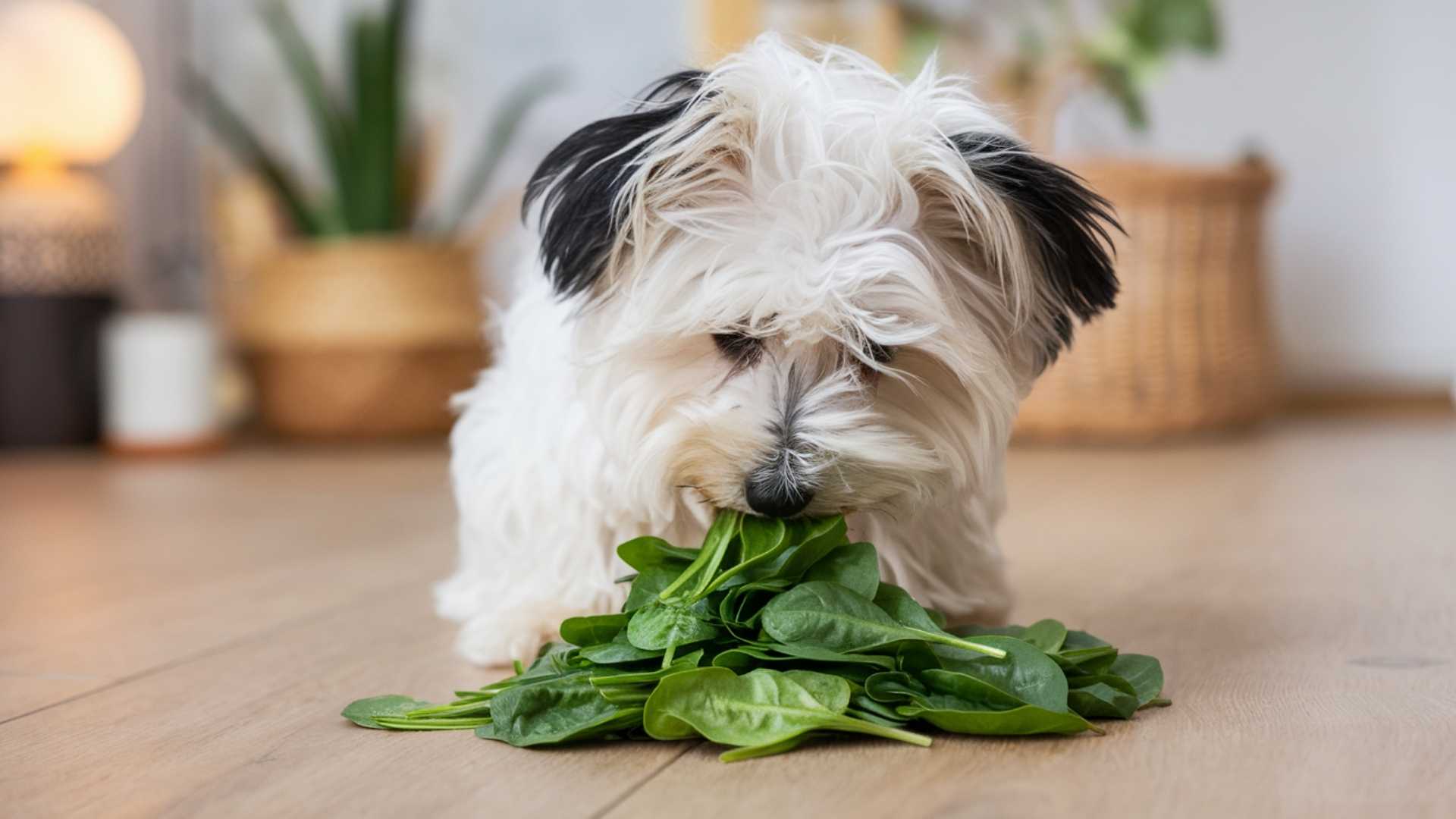 perrito comiendo espinacas
